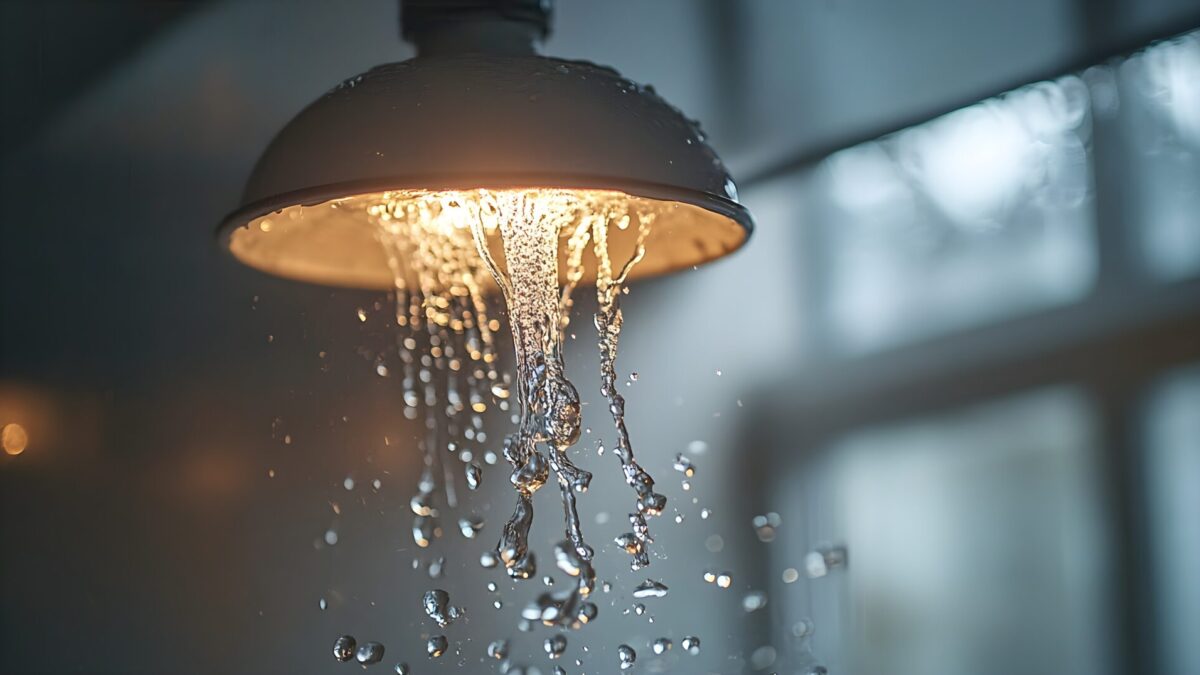 Water dripping from a ceiling light fixture, highlighting the dangers of water damage